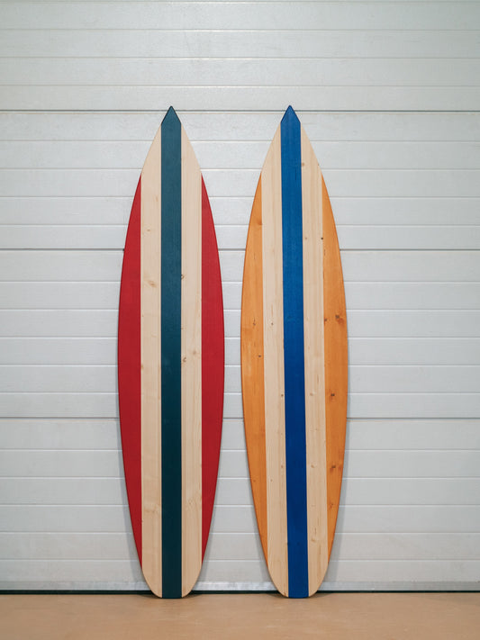 Custom stripe surfboard decor in wood, rustic vintage design, perfect as surfer gift or nautical wall hanging for coastal interiors.