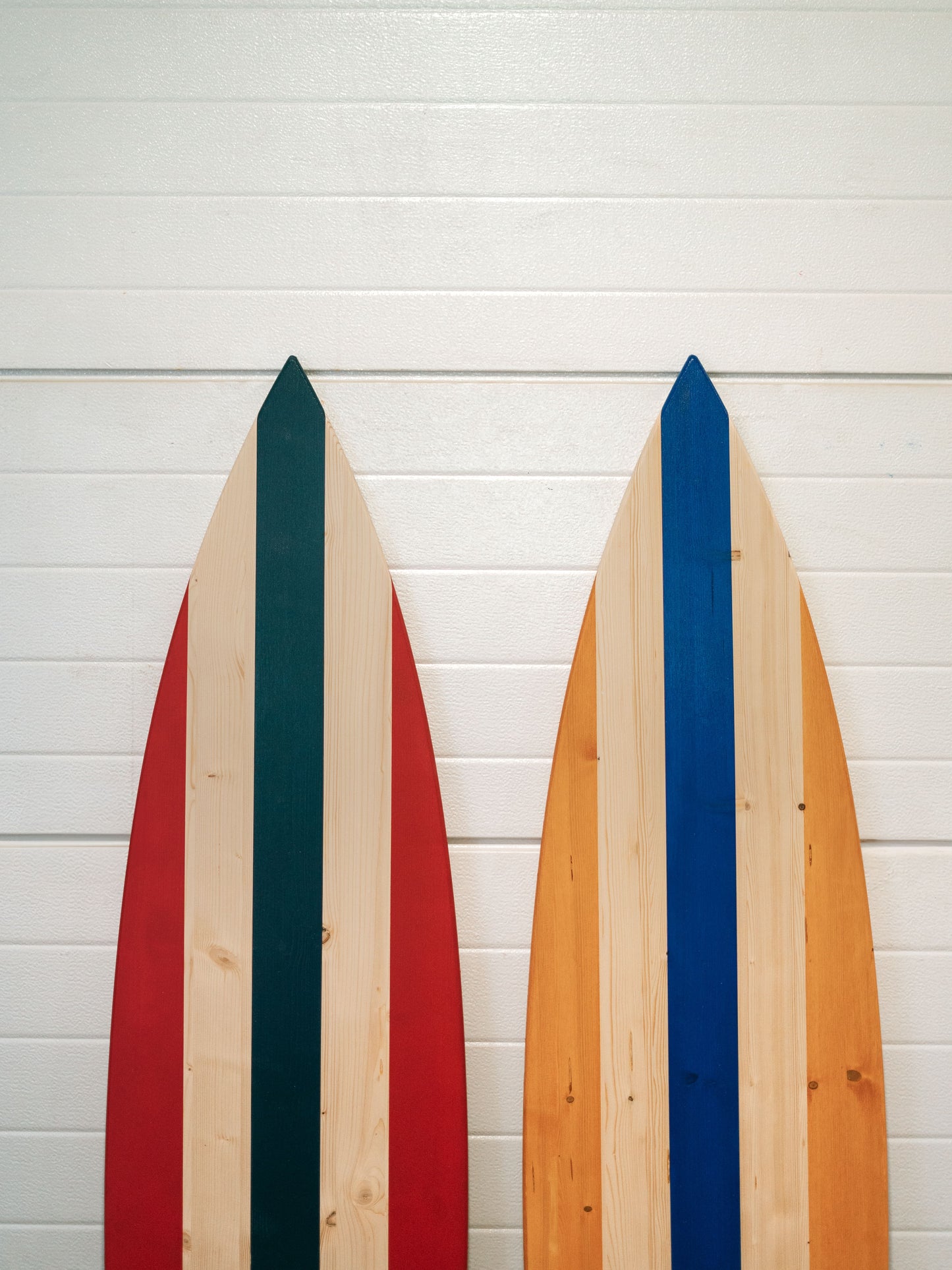 Handmade wooden vintage surfboard wall art — coastal beach house decor.