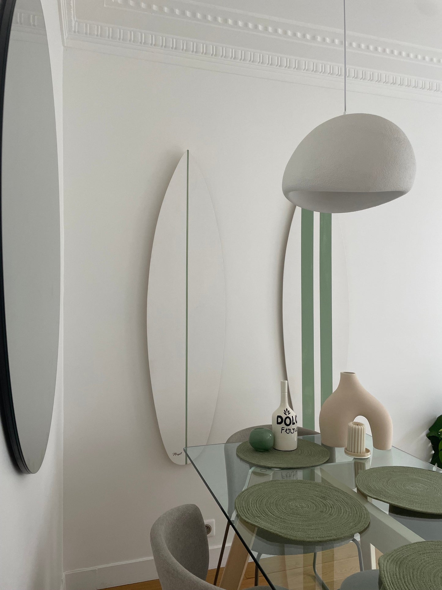 White Decorative Surfboard with Green Accents