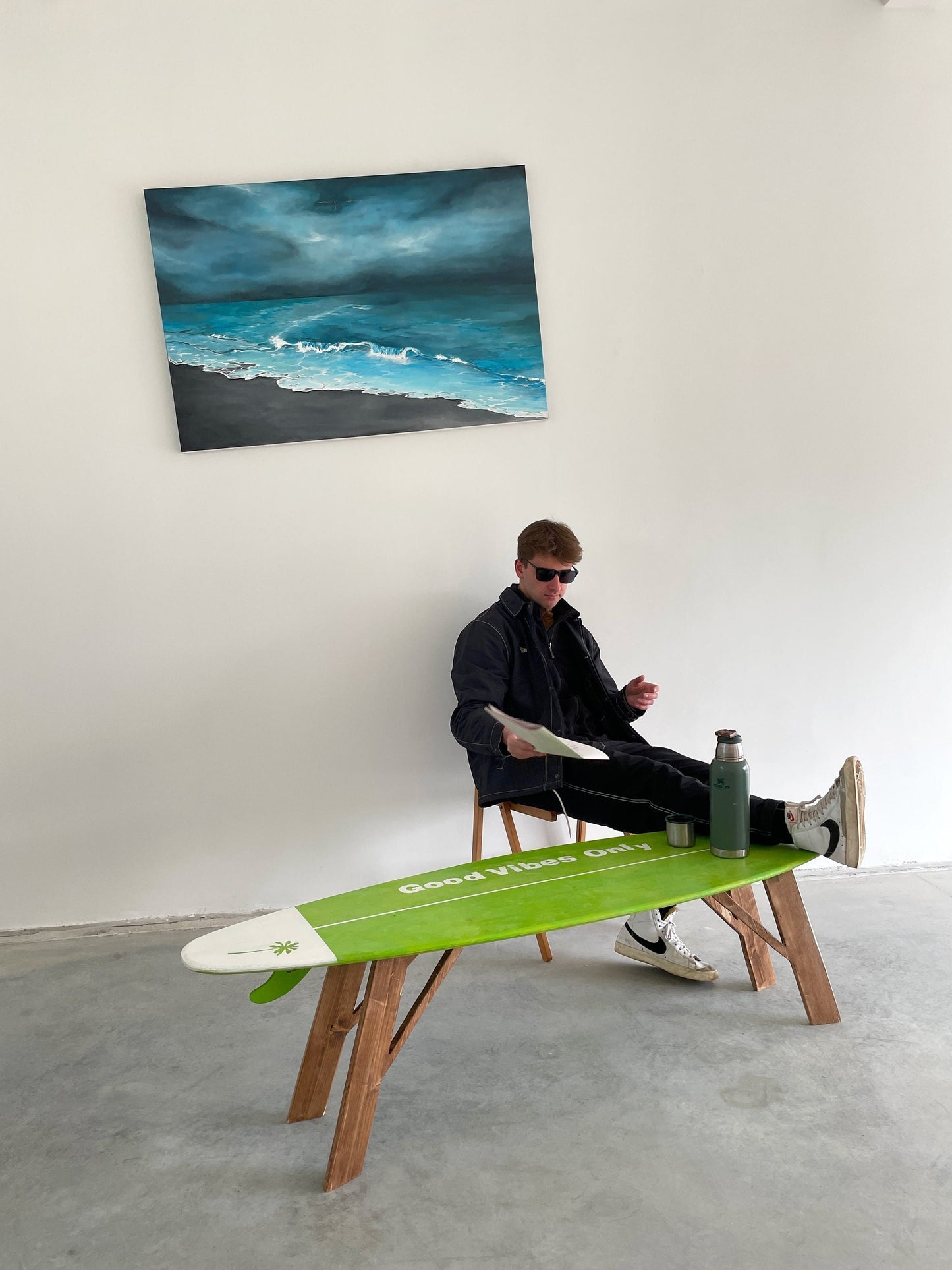 Unique Green Surfboard Coffee Table Statement