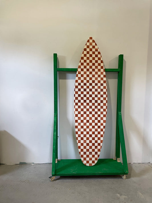 Checkmate your decor: Wooden surfboard in chess pattern