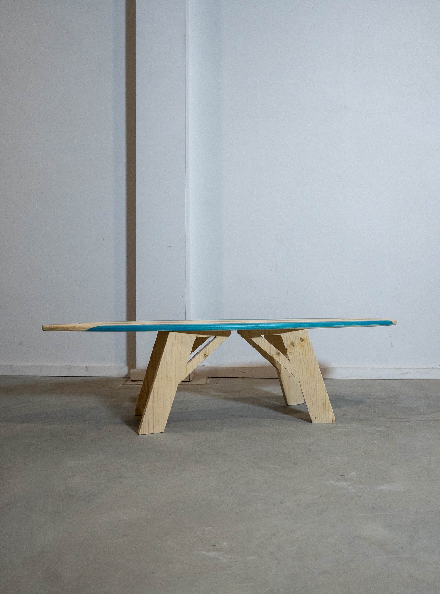 Teal colour surfboard coffee table